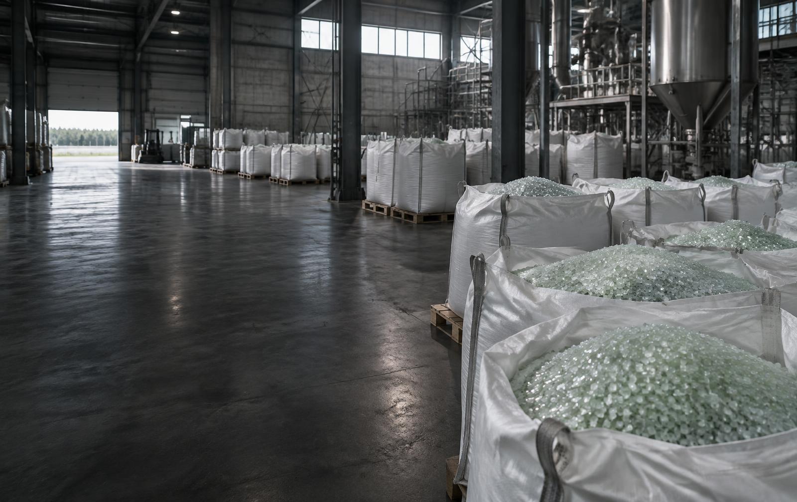 Storsäckar med plastgranulat i en industrilokal